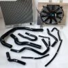 Complete performance honda civic radiator kit for 1996-2000 Honda Civic EK/EJ/EK9 with D15/D16 SOHC engine, including a large aluminum radiator, electric cooling fan, and black silicone radiator hoses