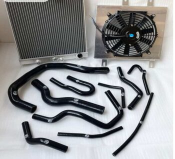 Complete performance honda civic radiator kit for 1996-2000 Honda Civic EK/EJ/EK9 with D15/D16 SOHC engine, including a large aluminum radiator, electric cooling fan, and black silicone radiator hoses